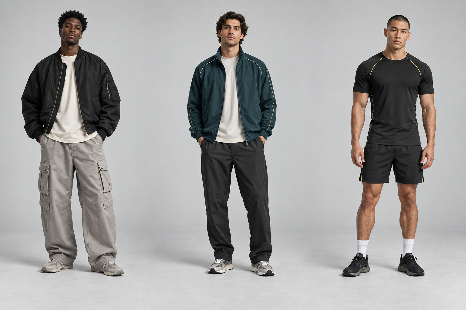Men’s streetwear concept: boxy bomber / heavyweight tee / cargo trouser